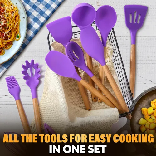 Miniatura 5 de Juego de 12 utensilios de cocina morados con soporte, versátil juego de utensilios de silicona para cocinar y hornear, suave con ollas y sartenes