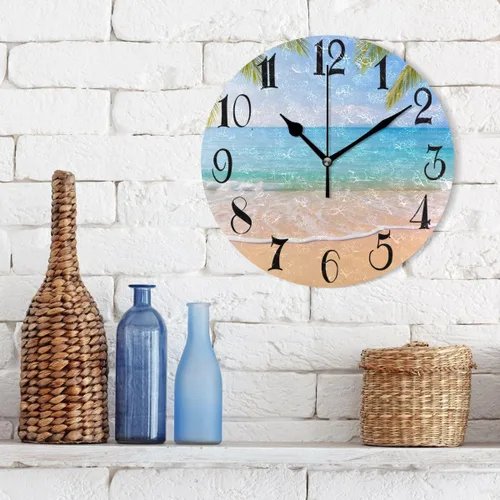 Miniatura 6 de WellLee ZOEO - Reloj de playa con palmeras tropicales hawaianas, pintado, silencioso, sin tictac, redondo, arte para el hogar, dormitorio, sala