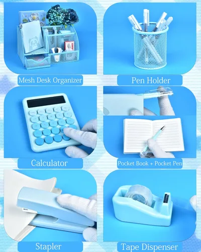 Miniatura 4 de 23 accesorios de escritorio azules y organizadores con organizador de malla, calculadora dispensadora de cinta y un montón de suministros de oficina