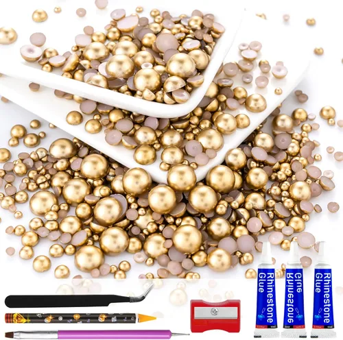 Miniatura 24 de 60g de Perlas Acuamarina Dorada con Diamantes de Imitación para Manualidades Tamaño Mixto 3mm-10mm Color AB Redondas Perlas Medias Planas Conjunto
