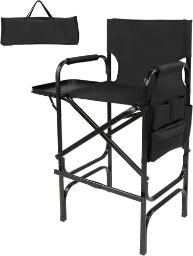 mefeir Silla de Director de 30" Plegable Negra con Mesa Lateral y Bolsa de Almacenamiento, Altura de Barra Portátil para Artista de Maquillaje,