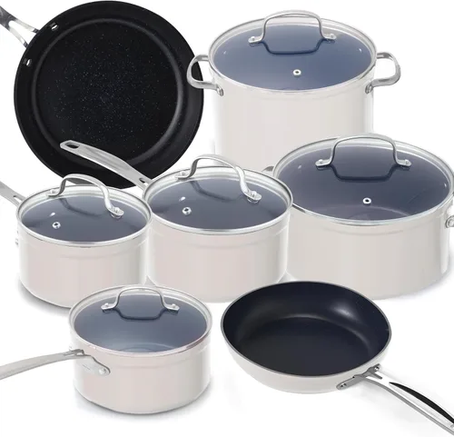 Miniatura 13 de Nuwave - Juego de 12 utensilios de cocina forjados y ligeros, revestimiento ultra antiadherente de cerámica Duralon G10 saludable, tapas de vidrio