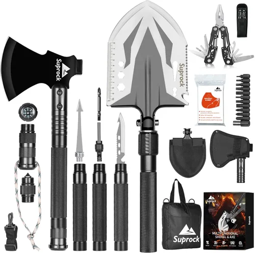 Pala de supervivencia de acero de alto carbono, pala táctica plegable con hacha, herramienta de excavación para camping y senderismo, bolsa de Negro