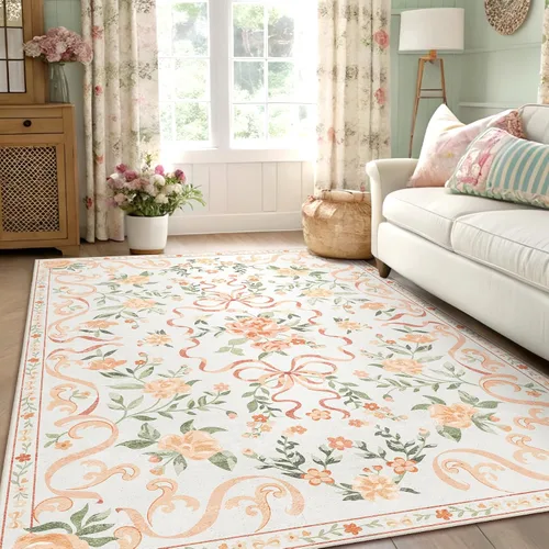 Miniatura 14 de Alfombra de área de 5 x 7 pies para sala de estar, alfombra verde boho antideslizante lavable, alfombra vintage de pelo bajo, alfombra grande