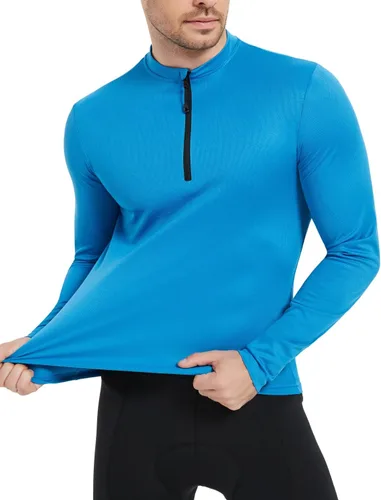 Miniatura 3 de qualidyne Camiseta de ciclismo para hombre, manga larga, media cremallera, con bolsillo trasero con cremallera