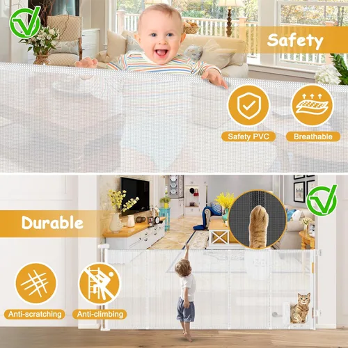Miniatura 6 de Puerta retráctil extra ancha reforzada de 90 pulgadas para bebés con puerta para gatos, puertas retráctiles de 33 pulgadas de alto para perros Blanco