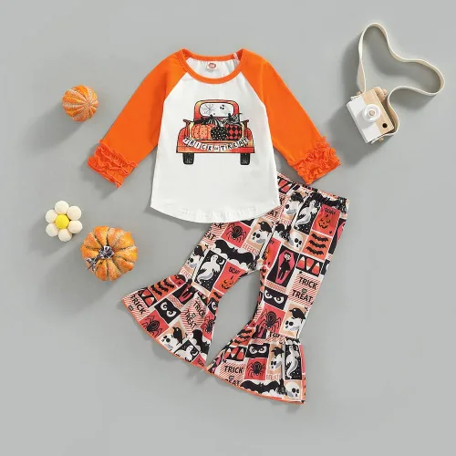 Miniatura 2 de Douhoow Traje de Acción de Gracias de Feliz Halloween para bebé, niña, camiseta de calabaza, camiseta acampanada, pantalones de leopardo
