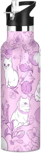 Art Exotic Shorthair Cats Pink Double Wall Vacuum Insulated Bottles Water Bottles With Straws Leak-proof BPA-Free Leak Proof for Gym Sports