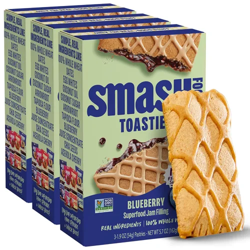 Miniatura 8 de Smash Foods Toasties - Paquete de 3 tostadoras de trigo integral saludables, fresa, arándano, uva, sin azúcar refinada, relleno de fruta real, 9