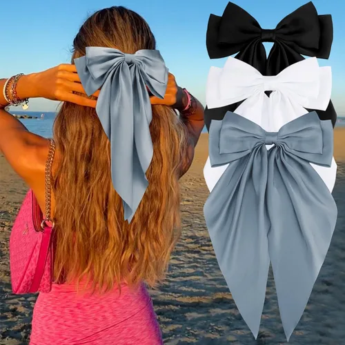 Miniatura 30 de Velscrun Lazos para el cabello para mujeres y niñas, 3 unidades, lazo blanco, lazo negro, azul marino, lazos grandes para el cabello con clip, lazos