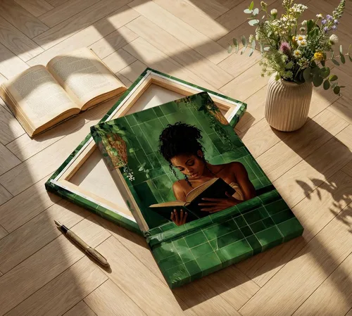Miniatura 3 de Lienzo de mujer afroamericana, arte de pared de niña negra leyendo en el baño, imagen de arte de pared verde simplicidad mujer negra, póster