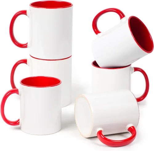 Miniatura 20 de Taza de café de sublimación de cerámica blanca de 11 onzas con colores sólidos en el interior y mango negro, rojo, rosa, azul, verde y amarillo, 6
