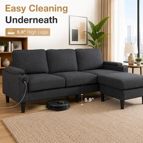 Miniatura 7 de Sofá modular de terciopelo en forma de L de 67 pulgadas con otomana, sofá convertible de 3 asientos con asiento profundo de nube para sala de estar