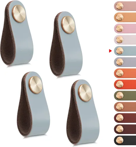 Miniatura 30 de Paquete de 4 tiradores de cuero para cajones, color beige, pomos de puerta de armario de 3.7 pulgadas, tiradores de piel sintética para tocador