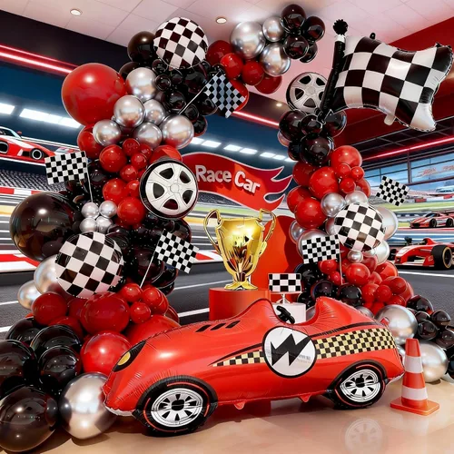 Miniatura 2 de Kit de arco de globos de auto de carreras, decoración de cumpleaños de coches de carreras, fiesta de cumpleaños, bandera roja, negra y plateada, kit