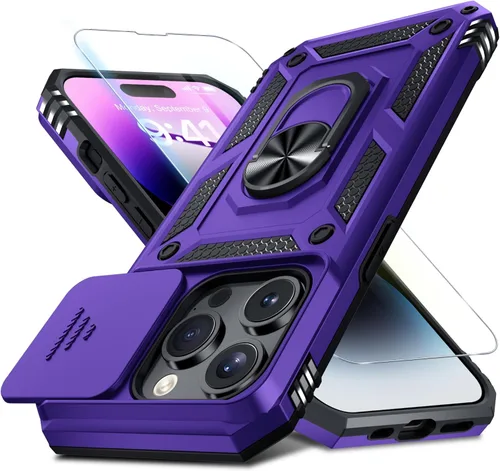 Janmitta - Funda para iPhone 14 Pro con cubierta deslizante para lente de cámara incorporada + protector de pantalla, funda de cuerpo completo