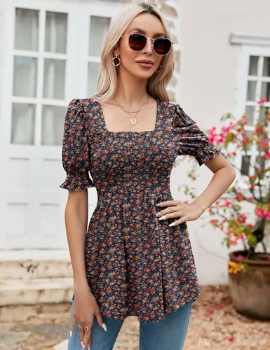 Miniatura 4 de LOMON Túnicas de mujer con cuello cuadrado, manga corta abombada, blusa peplum para mujer, camisetas 2024 primavera verano S-XL