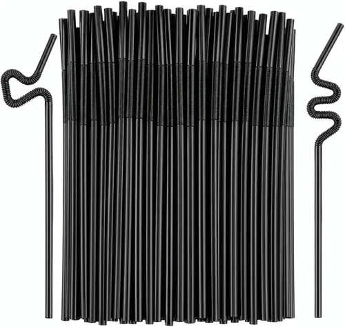 ALINK 200 popotes de plástico flexibles negros, de 10.23 pulgadas de largo que se estiran a 13 pulgadas, popotes flexibles desechables de 0.24