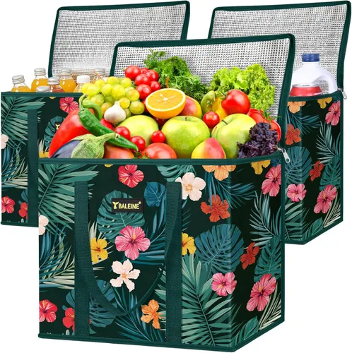 Miniatura 13 de BALEINE Paquete de 3 bolsas reutilizables para comestibles, bolsas de compras plegables para comestibles con parte inferior reforzada y asas