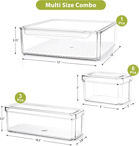 Miniatura 7 de Paquete de 10 cubos organizadores de despensa para refrigerador, cubos organizadores apilables para refrigerador con tapas, contenedores de plástico