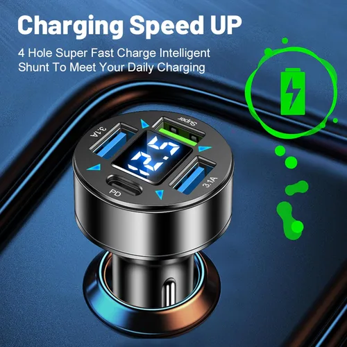 Miniatura 3 de Cargador de Coche Rápido, Cargador USB de 4 Puertos con Encendedor de Cigarrillos y Voltímetro LED, Adaptador de Cargador de Coche PD3.1/Super Port
