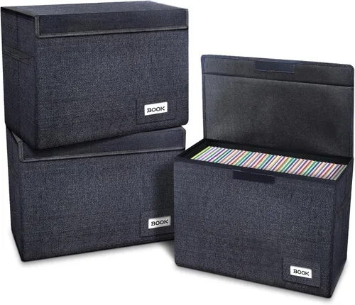 Leffis Paquete de 3 cajas de cómics plegables y apilables con tapa y ranura para etiquetas de 15.5 x 7.5 x 11.3 pulgadas, capacidad para 150 cómics