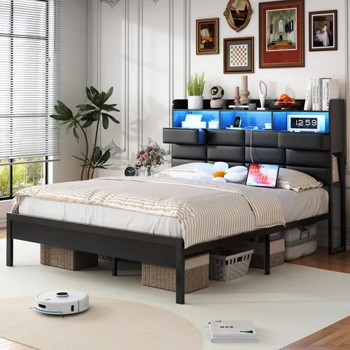 Base de cama negra de tamaño completo con 2 cajones de almacenamiento y estación de carga, marco de cama tapizado con cabecero de piel sintética con