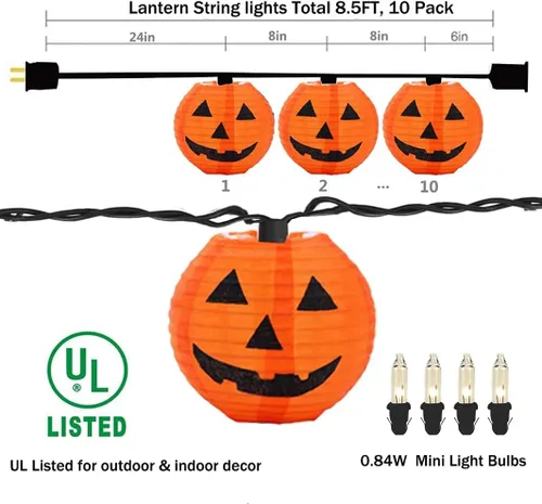 Miniatura 2 de Luces de calabaza de Halloween para exteriores, 2.6 m enchufables, luces de cadena naranjas para decoración de Halloween con 10 luces LED de Jack O