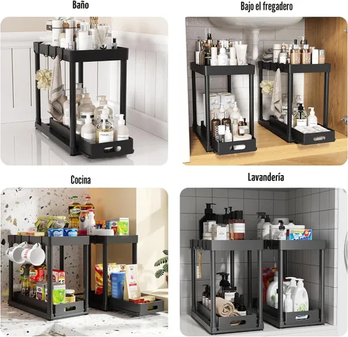 Miniatura 6 de Paquete de 2 organizadores de almacenamiento extraíbles, organizador para debajo del fregadero y almacenamiento para baño y cocina, organizadores