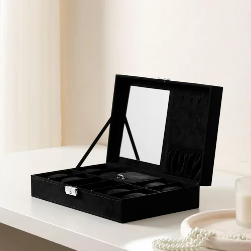Miniatura 2 de Oyydecor Joyero organizador de caja de reloj con 8 ranuras para almacenamiento de relojes, estuche organizador de joyas con espejo (negro)