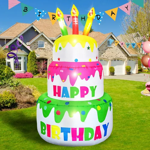 Miniatura 5 de Pastel inflable de cumpleaños de 4 pies de alto, regalo de cumpleaños novedoso, pastel de cumpleaños inflable con velas iluminadas, 6 luces LED