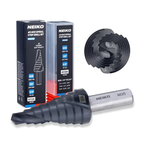 Miniatura 25 de NEIKO 10602B Step Drill Bit, 13 Steps 1/8" to 1/2" Spiral M35 Cobalt, AlTiSiN Coated, 1/4" Quick Change Step Bits for Steel, Metal, Wood, Plastic