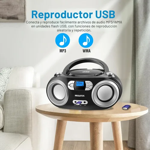 Miniatura 8 de MEGATEK Boombox reproductor de CD portátil con radio FM, Bluetooth y puerto USB, sonido estéreo claro, compatible con CD-R/RW y MP3, entrada