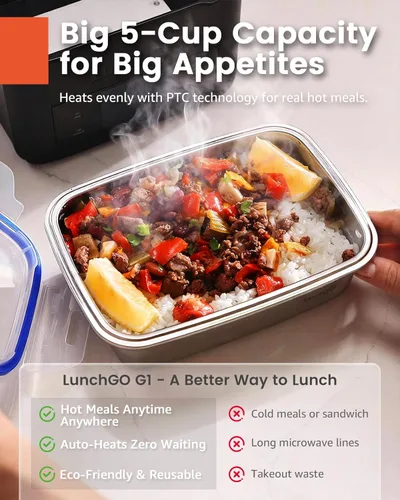 Miniatura 4 de LUNCHGO® G1 Fiambrera eléctrica inalámbrica con calefacción, con pilas, capacidad de 5 tazas, máximo de 250 °F, calefacción programada, calentador