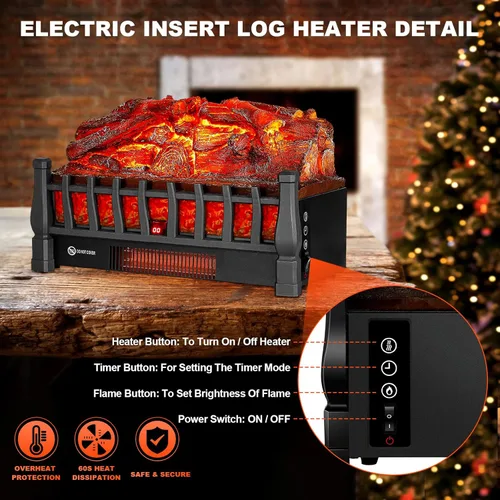 Miniatura 3 de Troncos Eléctricos para Chimenea Insertos Calentador con Control Remoto Infrarrojo 5 Niveles de Brillo de Llama Temporizador de 24 H Protección