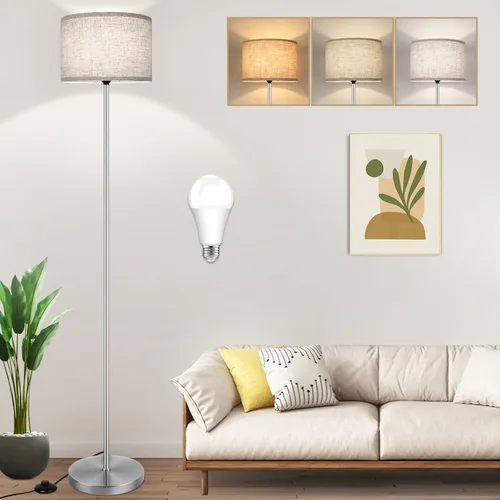 Lámpara de pie de 65’’ moderna y simple con interruptor de pie, lámpara de pie plateada para sala de estar con bombilla LED de 3 colores Plata+crema