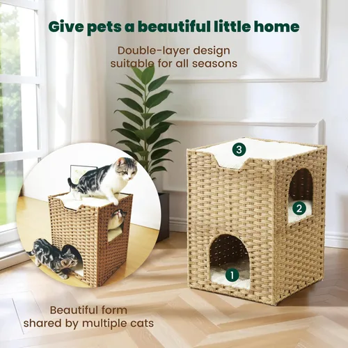 Miniatura 3 de Cama para gatos de interior, un elegante escondite para gatos y una casa para gatos, cama tipo cueva de ratán tejida a mano con cojín suave, cubos
