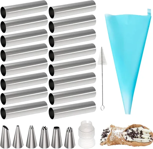 Miniatura 10 de Juego de 30 moldes para cuernos de crema, juego grande de formas para cannoli de acero inoxidable, kit para cannoli para hornear, caparazón de Juego