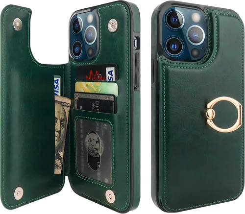 Miniatura 10 de ONETOP Funda tipo cartera para iPhone 13 Pro Max con soporte para tarjetas, anillo de rotación de 360°, función atril, bloqueo RFID, piel sintética