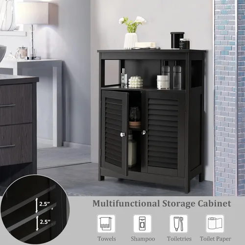 Miniatura 6 de Tangkula - Armario de piso para baño, armario de almacenamiento independiente de madera con puerta de doble persiana y estante ajustable, armario