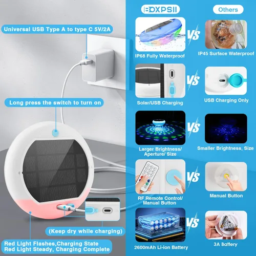 Miniatura 4 de Luces solares para piscina (1 unidad), 2600 mAh USB recargables luces flotantes flotantes de 6.7 pulgadas IP68 impermeable con control remoto, RGB