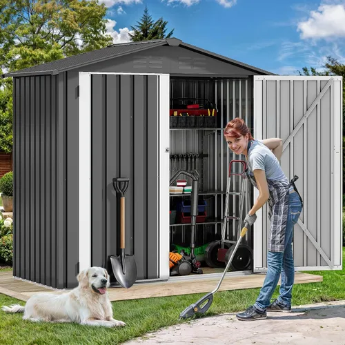 Miniatura 3 de DWVO Cobertizo de almacenamiento para exteriores de 6 x 4 pies, cobertizos de herramientas de metal grandes, casa de almacenamiento resistente