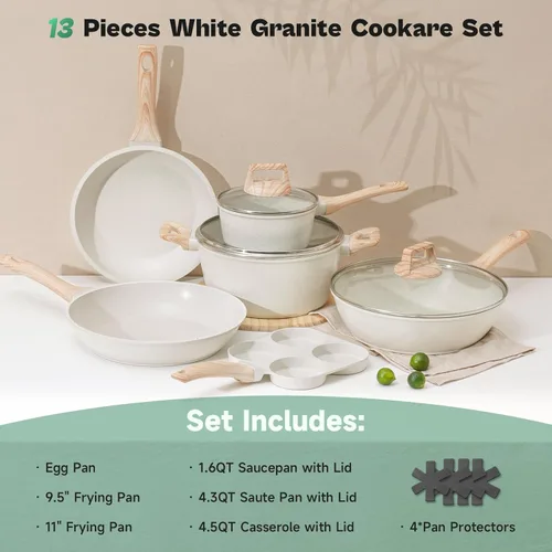 Miniatura 2 de Juego de 13 ollas y sartenes, utensilios de cocina antiadherentes, utensilios de cocina de inducción de granito blanco, no tóxico, saludable