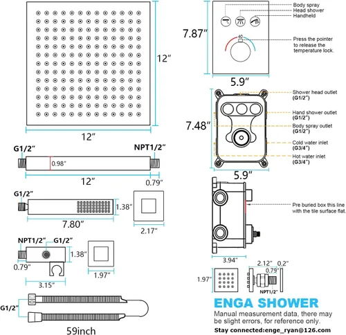 Miniatura 9 de Sistema de ducha de lluvia de oro cepillado, ducha de cuerpo completo Enga de 12 pulgadas con chorros corporales, juego combinado de ducha moderno