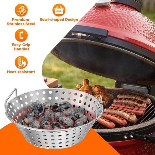 Miniatura 6 de Skyflame - Cesta de carbón de acero inoxidable de 14 pulgadas para parrillas Kamado de 18 pulgadas Nueva versión de diseño de agujeros huecos