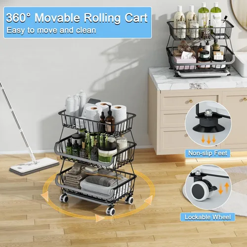 Miniatura 4 de Organizador de piso de despensa rodante de 3 niveles, carrito de almacenamiento de despensa apilable con ruedas, cestas de despensa de alambre