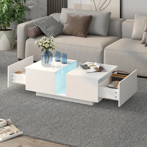 Miniatura 11 de HedoAjim Mesa de centro LED negra para sala de estar, mesa rectangular de sala de estar con almacenamiento, mesas de centro de acrílico con 2