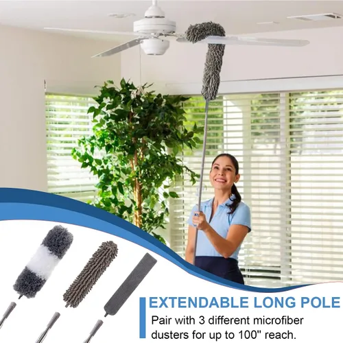 Miniatura 2 de Kit de plumero de microfibra para techo alto (6 unidades), plumeros extensibles para limpieza con poste de extensión de 100 pulgadas, plumero largo