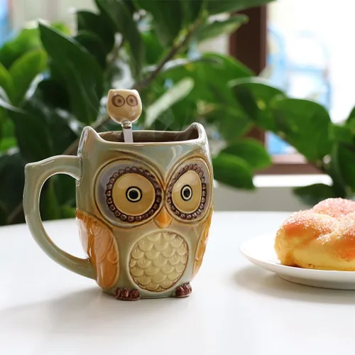 Miniatura 2 de SQOWL Taza de café 3D bonita taza de búho de cerámica con cuchara Tazas de té para mujeres y niñas 12 oz Cian