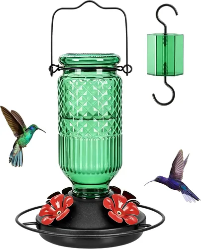 Miniatura 16 de FEED GARDEN Comedero de vidrio para colibríes para colgar al aire libre, comedero de colibríes de 16 onzas con 4 puertos de alimentación con Azul
